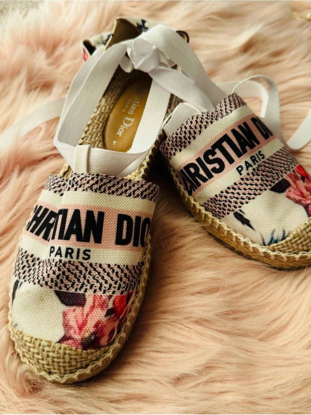 Beige & Pink Floral Espadrille Flats